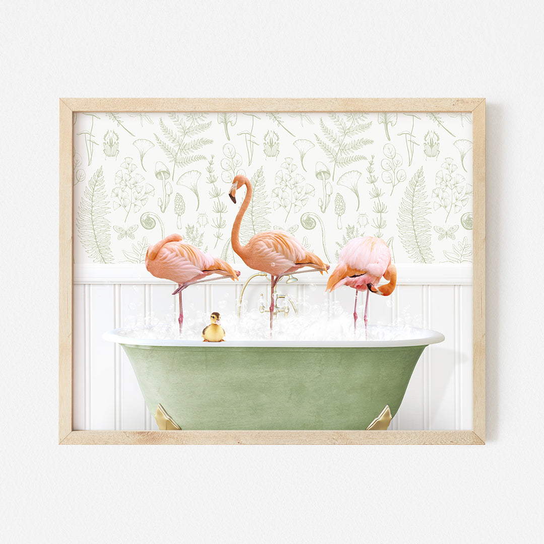 three flamingos are standing in a bathtub