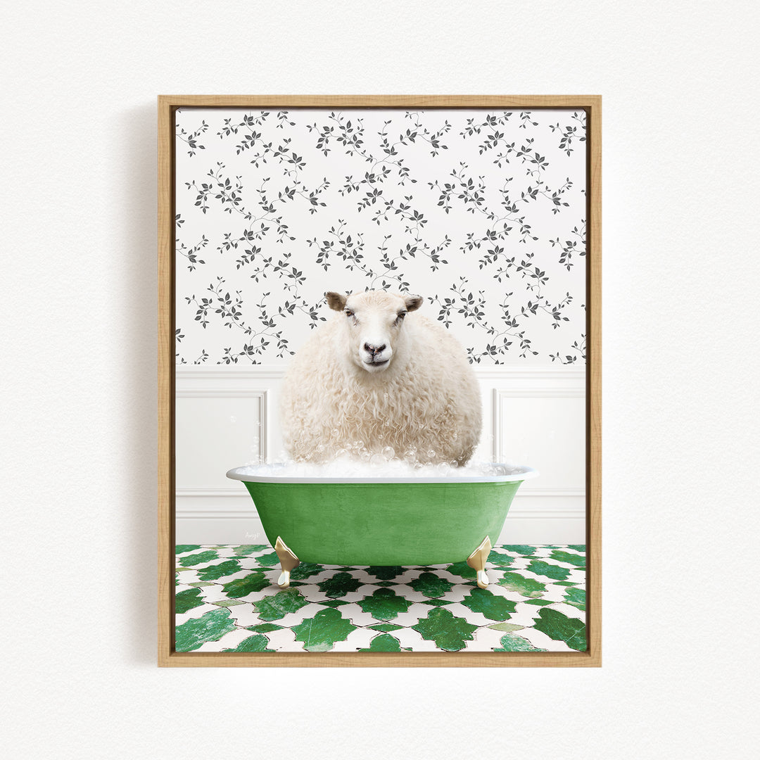 A fluffy white sheep is sitting in a green bathtub filled with bubbles, surrounded by a patterned wall and green and white tiles on the floor.