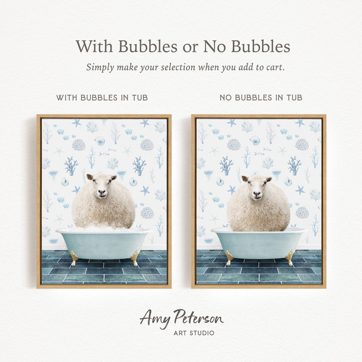 The image is a framed print featuring a sheep sitting in a bathtub, with the text "With Bubbles or No Bubbles" above the images.