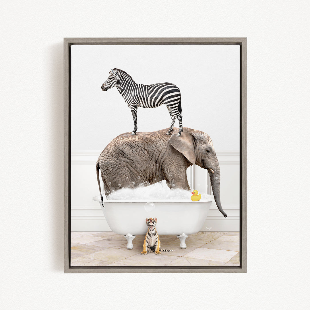 A zebra stands on the back of an elephant, which is sitting in a bathtub filled with bubbles, while a tiger sits nearby.