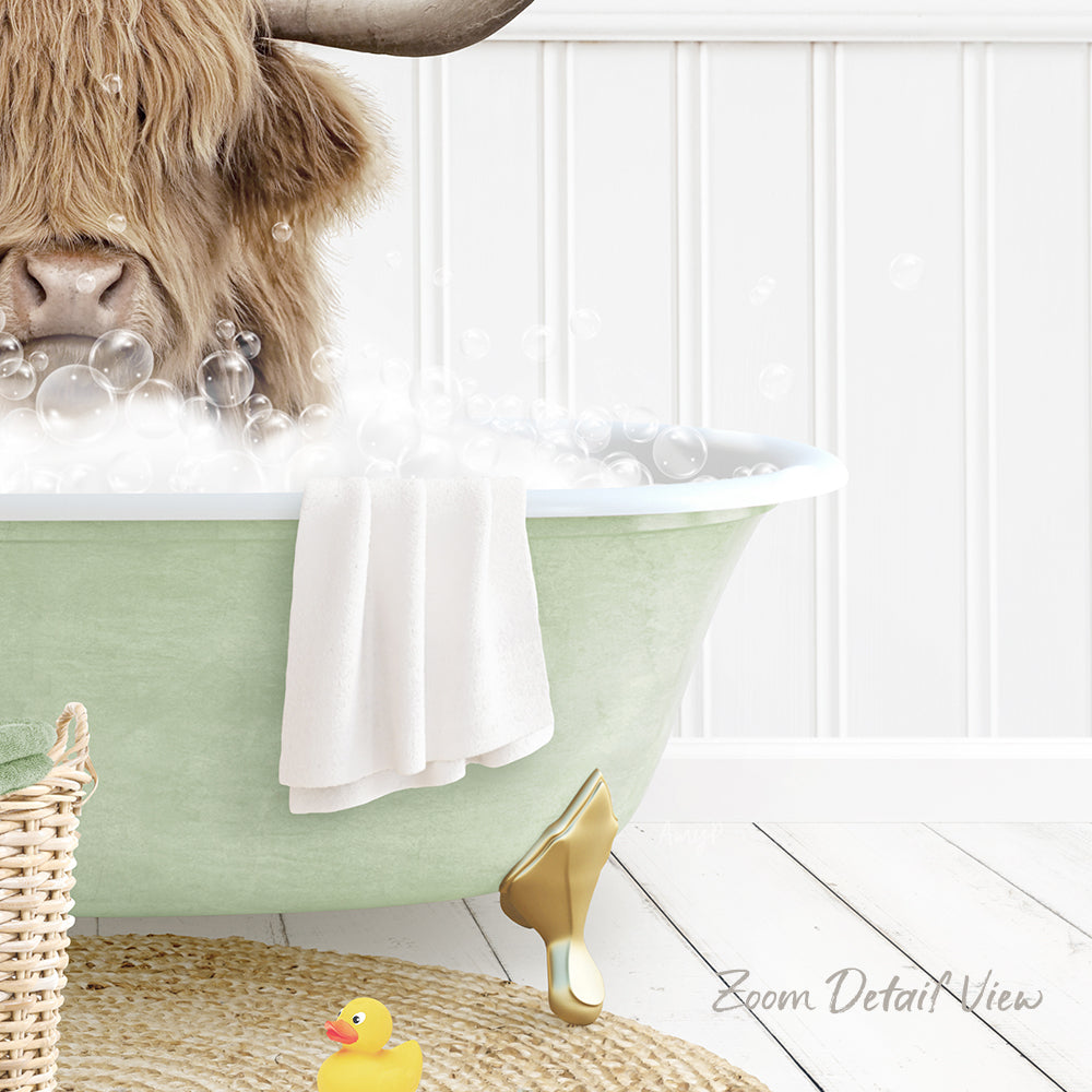 A large, furry animal, possibly a yak or a bison, is sitting in a green bathtub filled with bubbles, surrounded by a yellow rubber duck and a white towel.