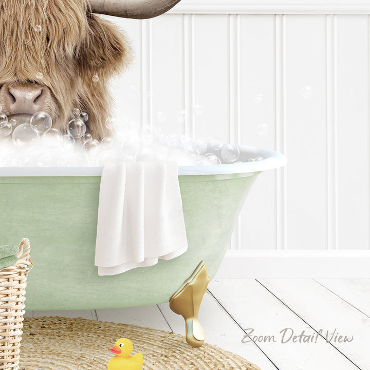 A large, furry animal, possibly a yak or a bison, is sitting in a green bathtub filled with bubbles, surrounded by a yellow rubber duck and a white towel.
