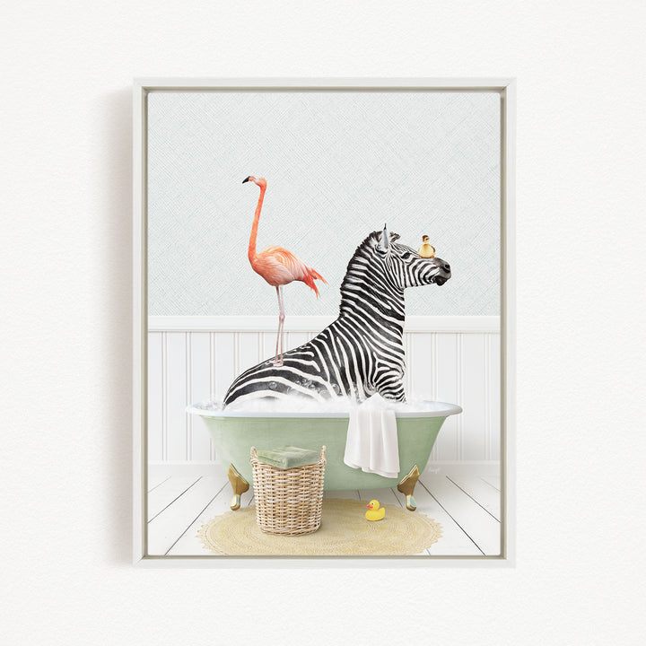 A zebra is sitting in a green bathtub, surrounded by a pink flamingo and a yellow rubber duck, creating a whimsical and playful scene.