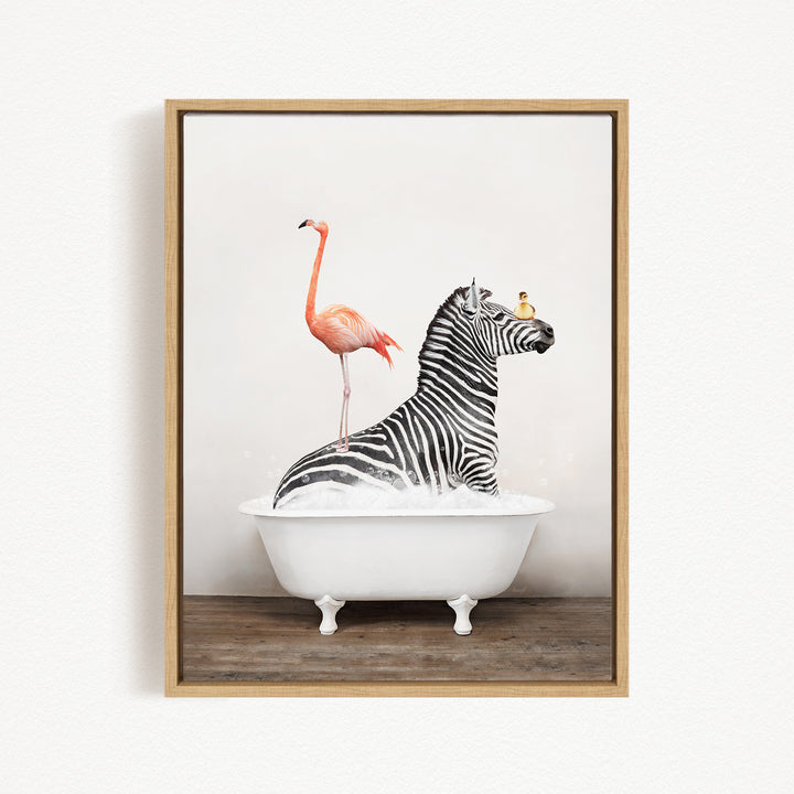 A zebra is sitting in a white bathtub, with a pink flamingo standing on its back and a yellow bird perched on its head.