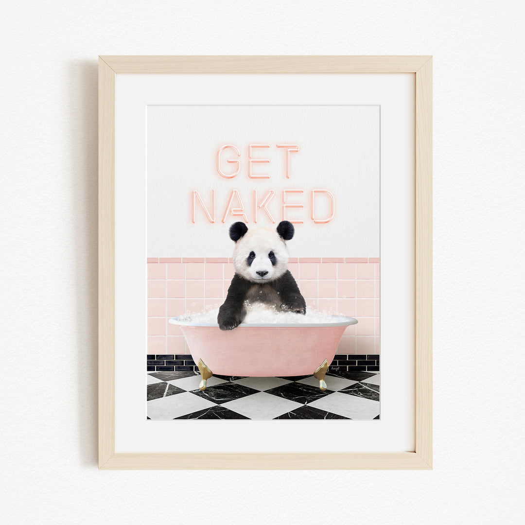 A panda bear sitting in a pink bathtub with the text "GET NAKED" displayed above it.