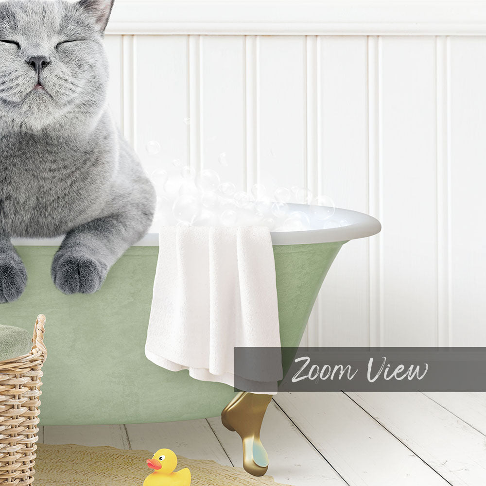 A gray cat sitting in a green bathtub, with a yellow rubber duck nearby, and a basket next to the tub.