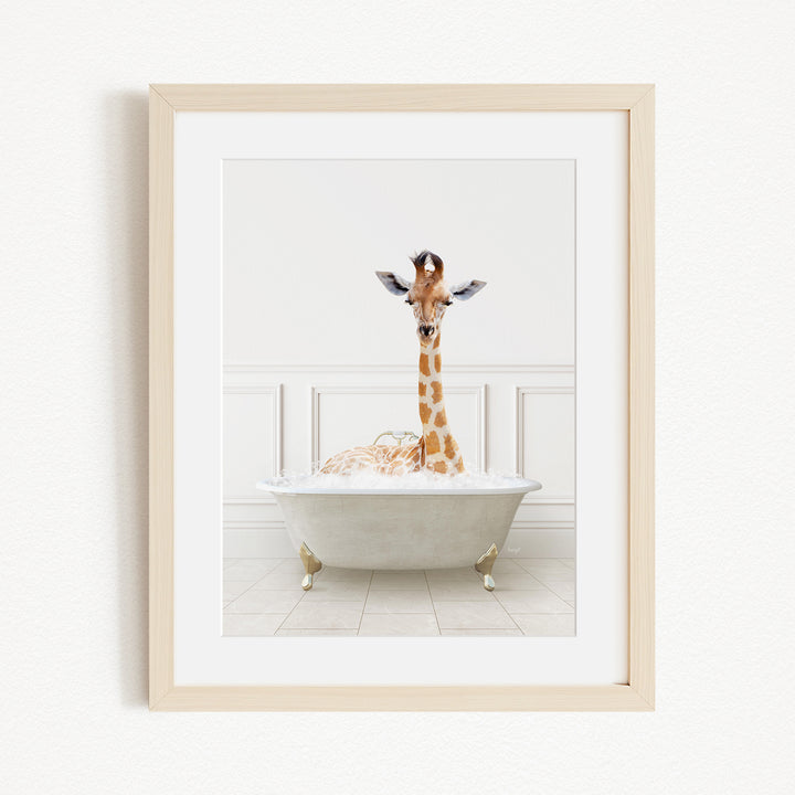 A giraffe is sitting in a white bathtub filled with water, creating a whimsical and playful scene.