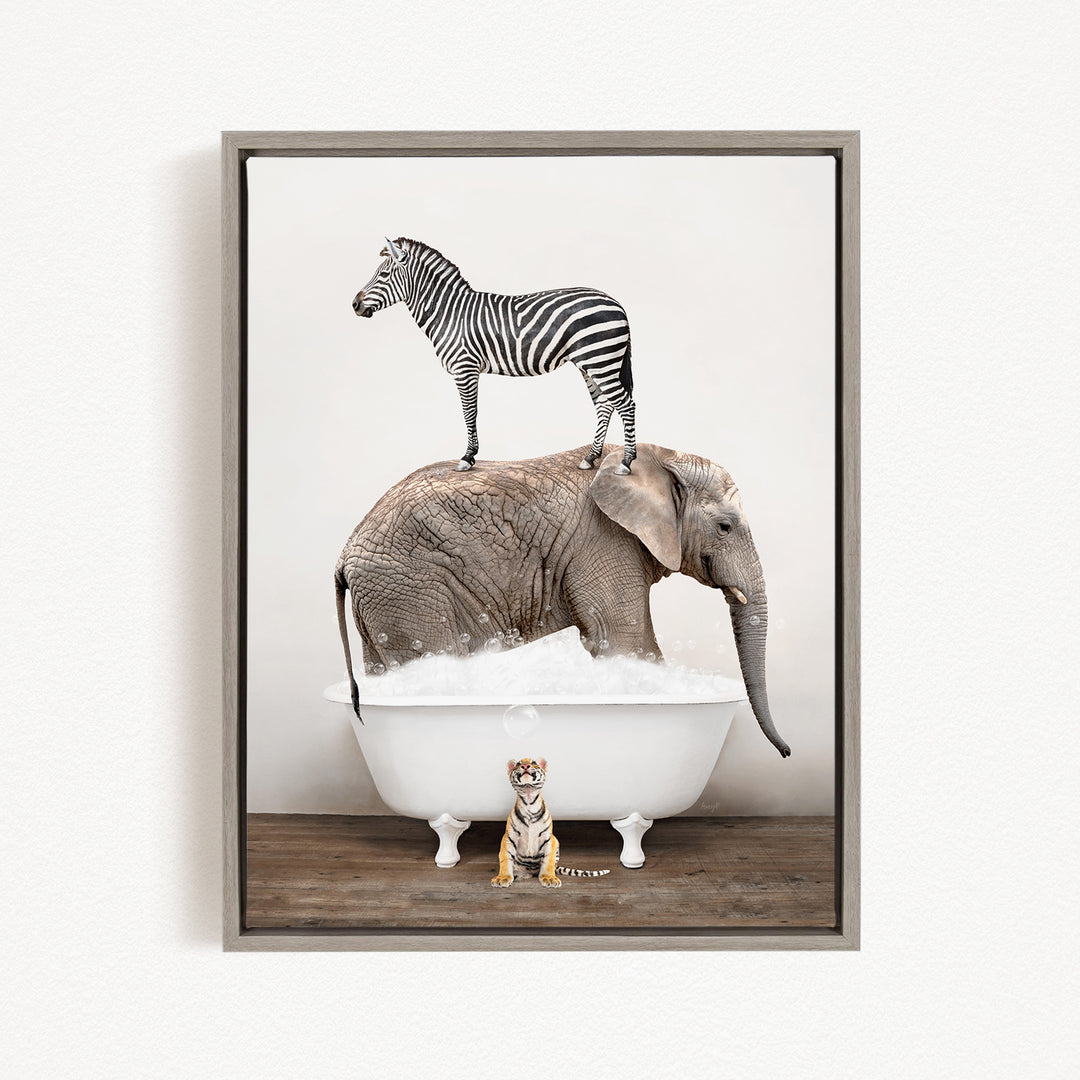 A zebra stands on the back of an elephant, which is submerged in a bathtub, with a small tiger figurine sitting in the tub.