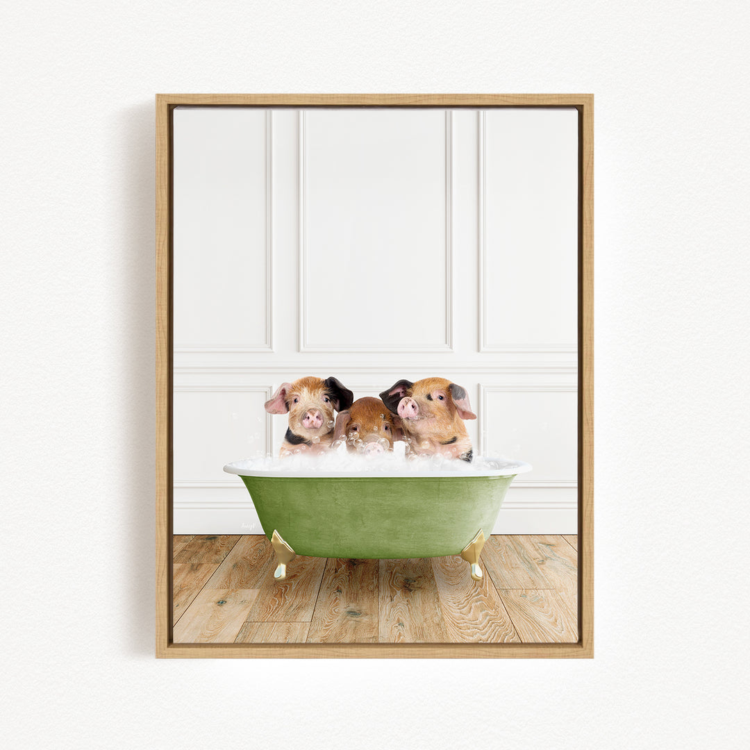Three adorable pigs sitting in a green bathtub, enjoying a relaxing bath.