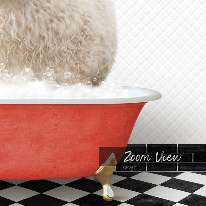 A fluffy white dog is sitting in a red bathtub filled with bubbles, with a black and white checkered floor and a tile wall in the background.