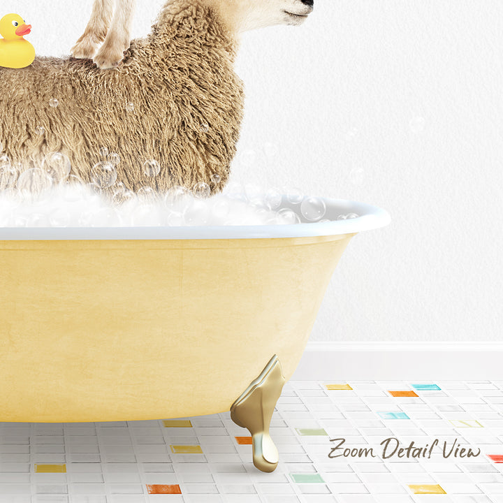 A fluffy brown sheep is sitting in a yellow bathtub filled with bubbles, with a rubber duck floating on its back.