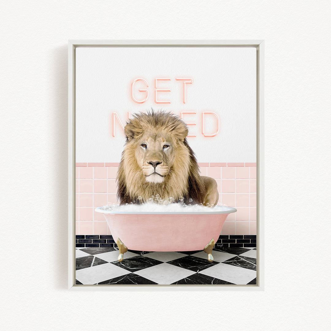 A lion sitting in a pink bathtub with the words "GET NEEDED" written above it.