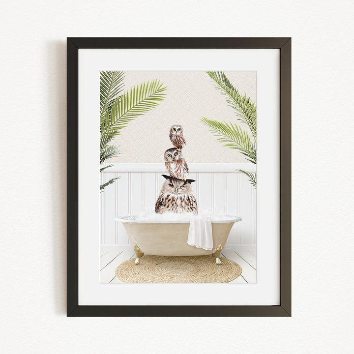 A framed image depicting three owls sitting on a white bathtub, surrounded by green palm leaves.