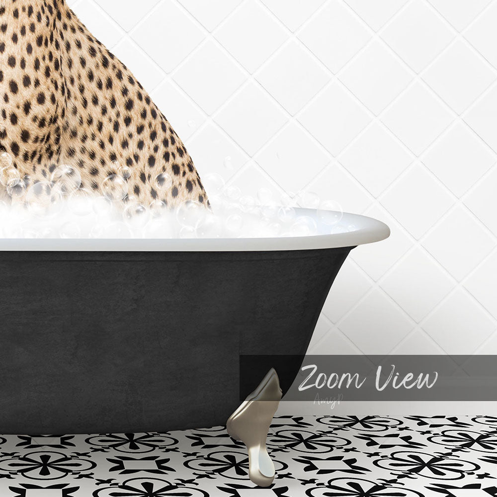 A leopard resting in a bathtub filled with water, with a text overlay that reads "Zoom View" in the bottom right corner.