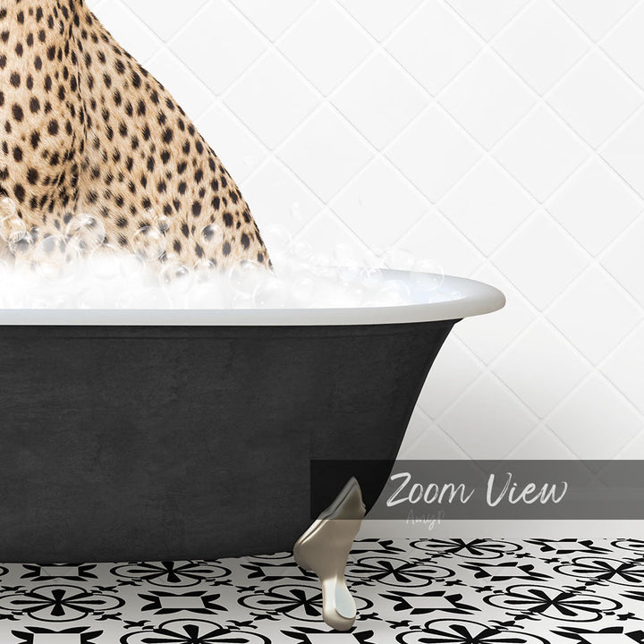A leopard resting in a bathtub filled with water, with a text overlay that reads "Zoom View" in the bottom right corner.