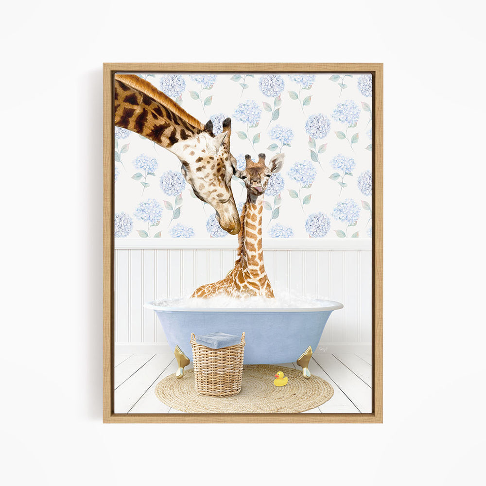 A giraffe and a baby giraffe are sitting in a blue bathtub filled with bubbles, surrounded by a wicker basket and rubber ducks.