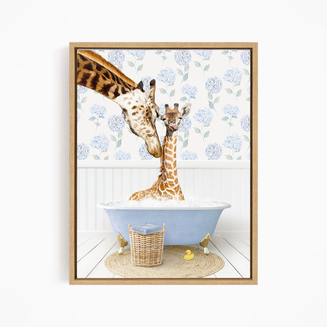 A giraffe and a baby giraffe are sitting in a blue bathtub filled with bubbles, surrounded by a wicker basket and rubber ducks.