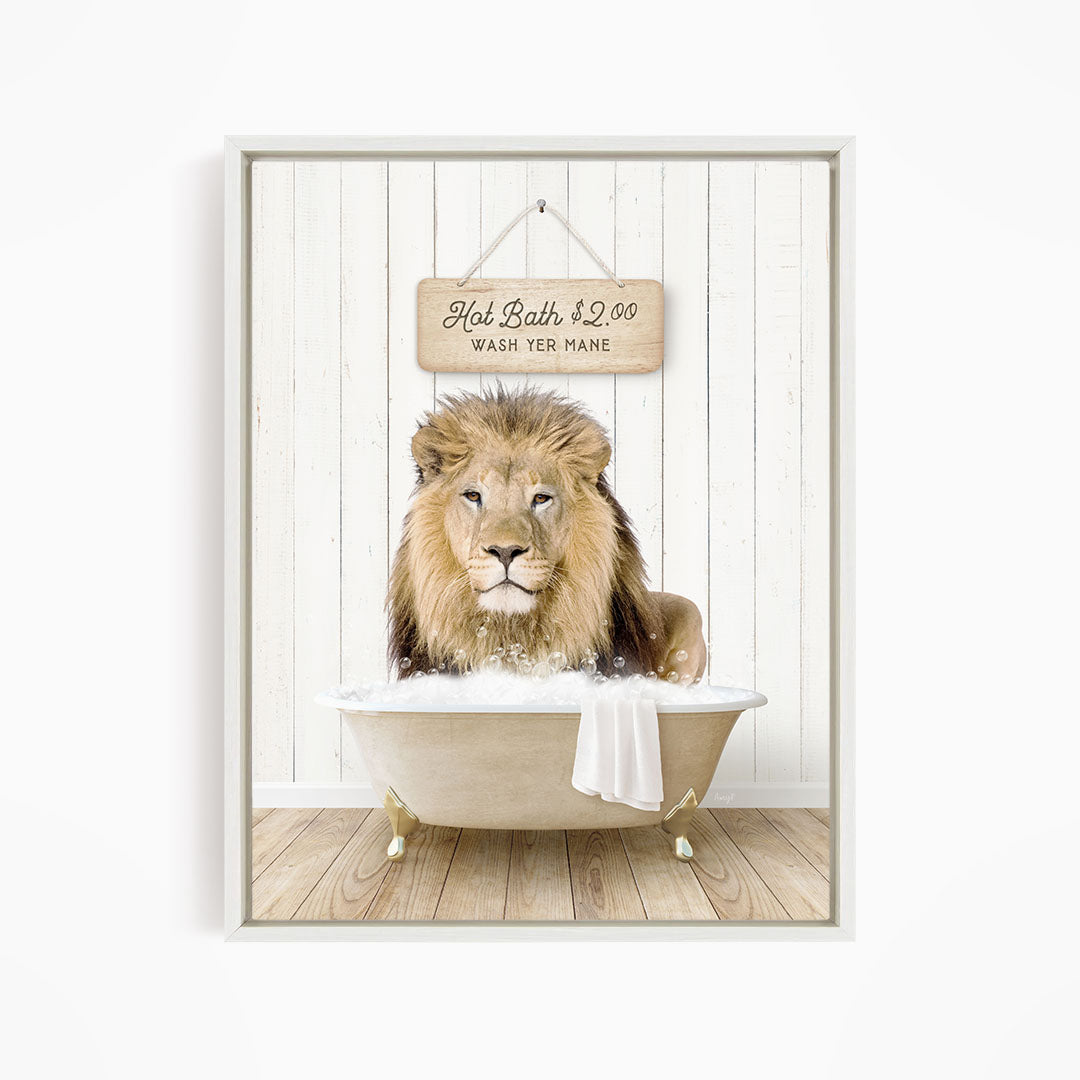 A lion sitting in a bathtub, with a sign above it that says "Hot Bath $2.00 WASH YOUR MANE".