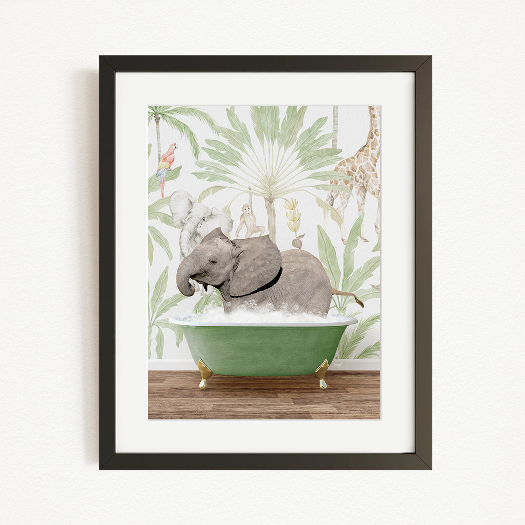 A framed illustration depicting an elephant sitting in a green bathtub, surrounded by tropical foliage and other animals.