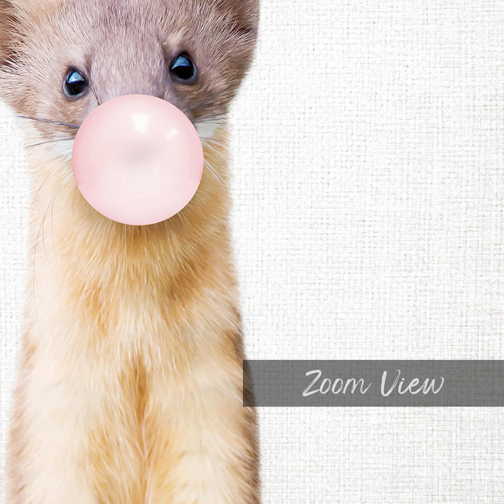A close-up of a small animal, possibly a rodent, blowing a bubble with a pink bubble gum bubble.