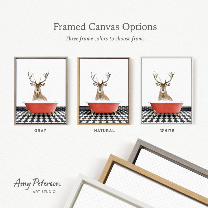 three framed canvas options featuring a deer in a bathtub, each with a different frame color: gray, natural, and white.