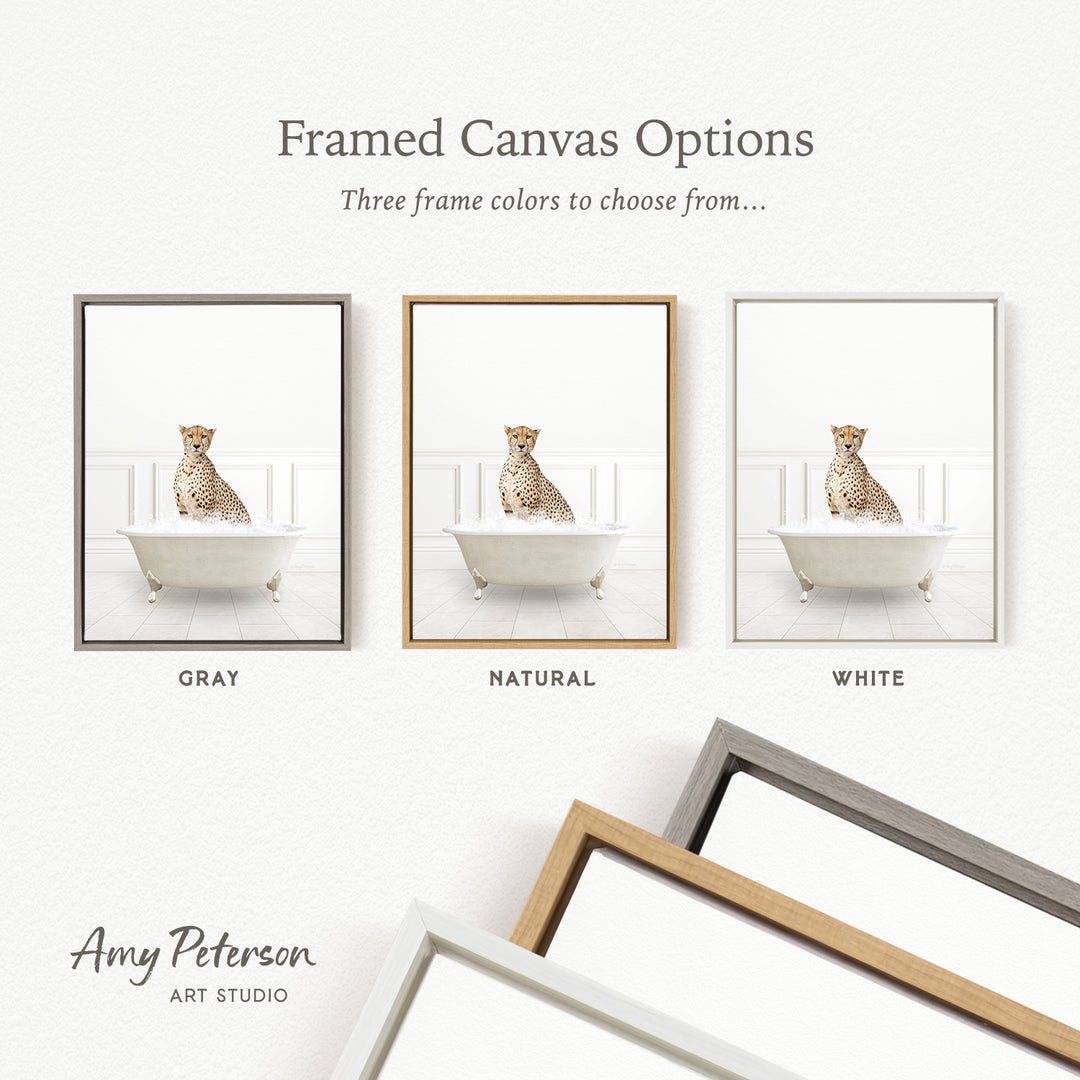 three framed canvas options, each featuring a cheetah sitting in a bathtub. The options include a gray frame, a natural frame, and a white frame.