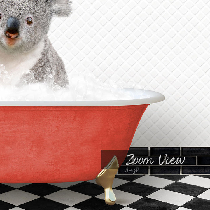 A koala sitting in a red bathtub filled with bubbles, with a black and white checkered floor and a tile wall in the background.