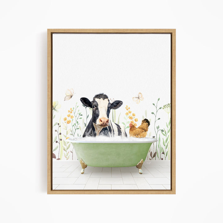 A cow is sitting in a green bathtub, surrounded by flowers and butterflies, with a chicken nearby.