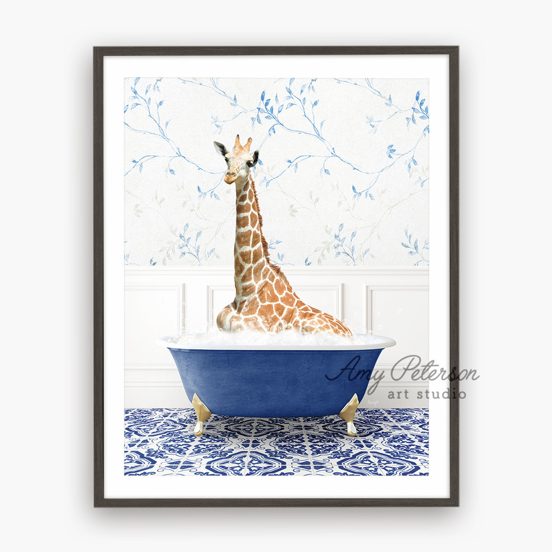 a giraffe sitting in a bathtub with a blue bowl