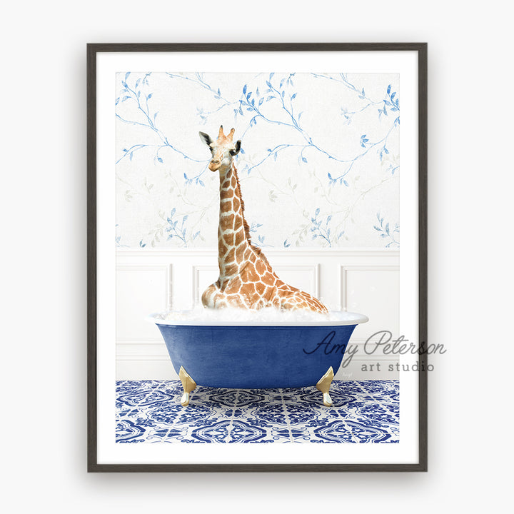 a giraffe sitting in a bathtub with a blue bowl