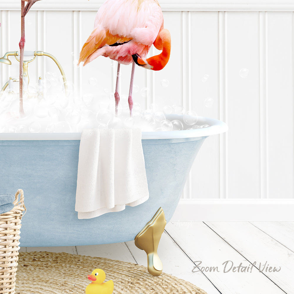 A pink flamingo stands in a blue bathtub filled with bubbles, surrounded by a yellow rubber duck and a white towel.