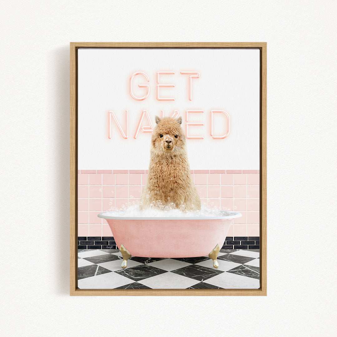 A fluffy brown dog sitting in a pink bathtub filled with bubbles, with the text "GET NAKED" displayed above it.