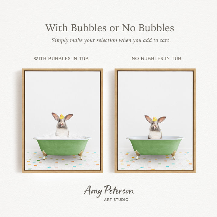 The image is a collage of two framed pictures, each depicting a rabbit sitting in a green bathtub. The text above the images reads "With Bubbles or No Bubbles" and below the images, it says "Simply make your selection when you add to cart."