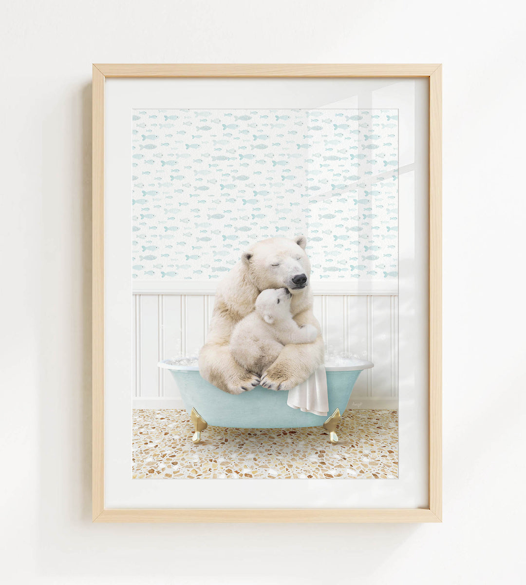 A polar bear and its cub are sitting in a bathtub, with the bear's head resting on the cub's back.
