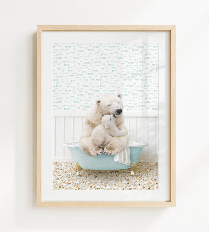 A polar bear and its cub are sitting in a bathtub, with the bear's head resting on the cub's back.