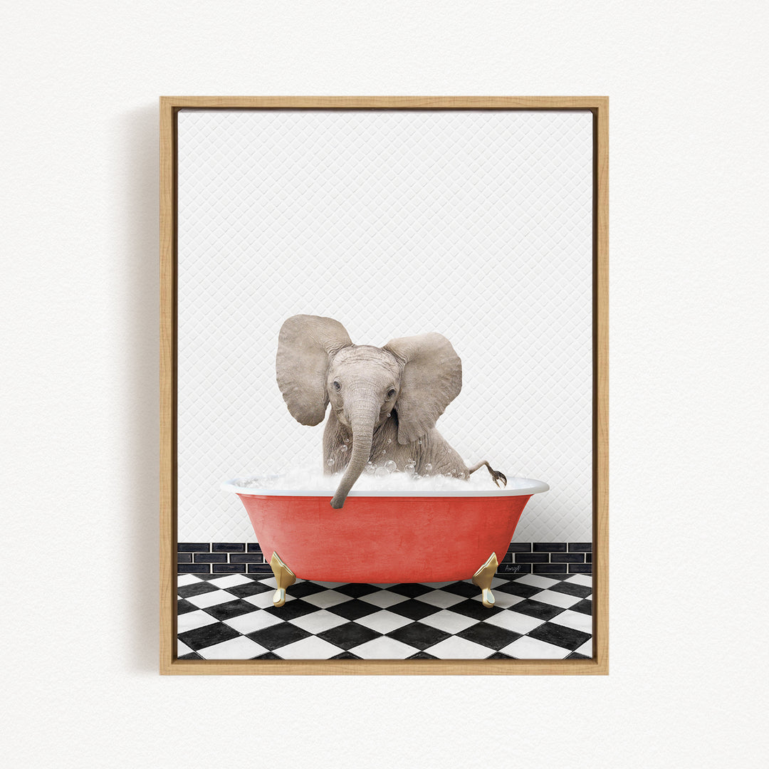 A gray elephant is sitting in a red bathtub filled with water, surrounded by a black and white checkered floor.