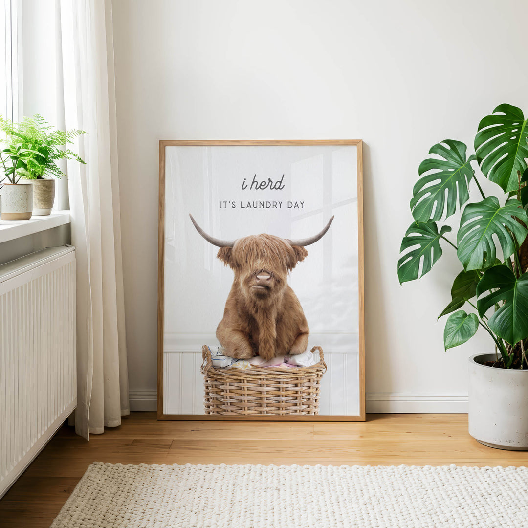a framed poster of a Highland cow sitting in a wicker basket, with the text "It's laundry day" written above it.