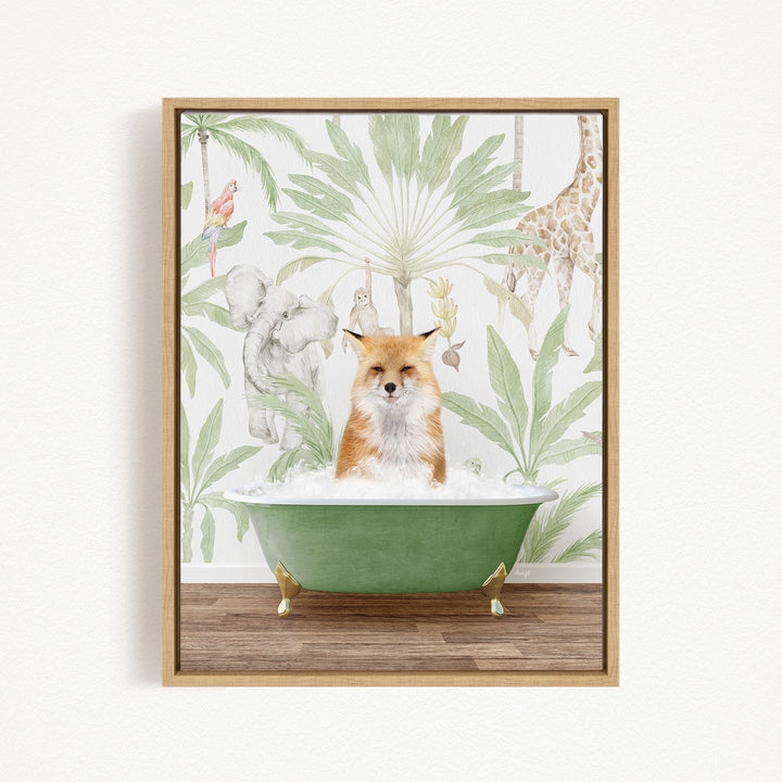 A fox is sitting in a green bathtub, surrounded by tropical plants and animals, including a giraffe and a parrot, against a white background.