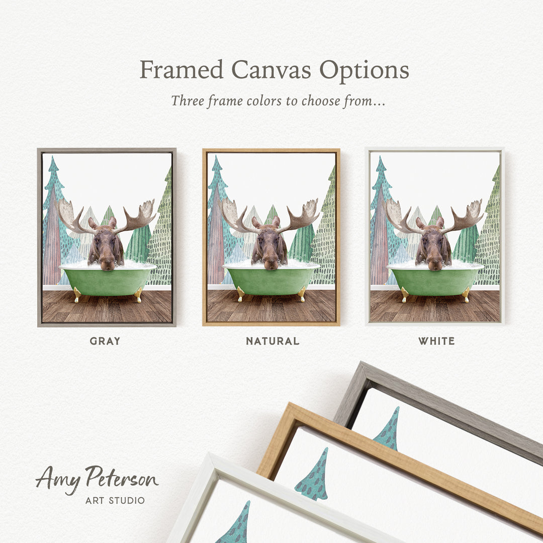 three framed canvas options featuring a moose in a bathtub, with three different frame colors to choose from: gray, natural, and white.