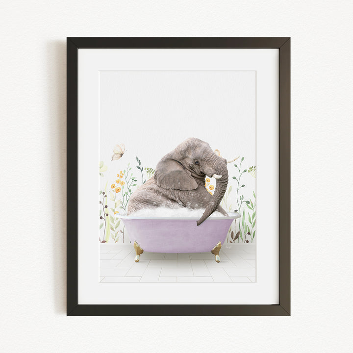 A gray elephant is sitting in a purple bathtub filled with bubbles, surrounded by flowers and butterflies.