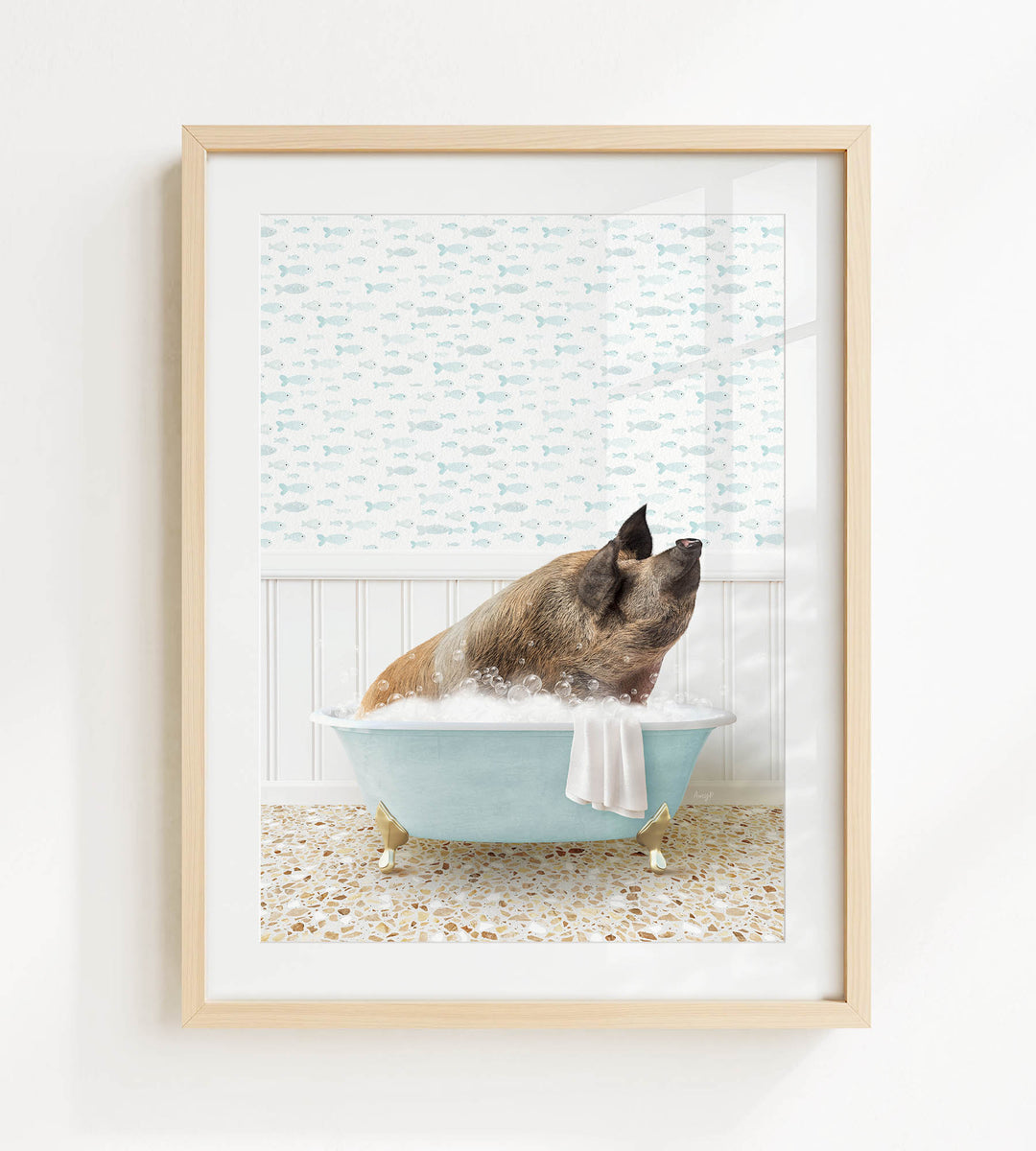 A pig sitting in a blue bathtub filled with bubbles, looking up at the camera.