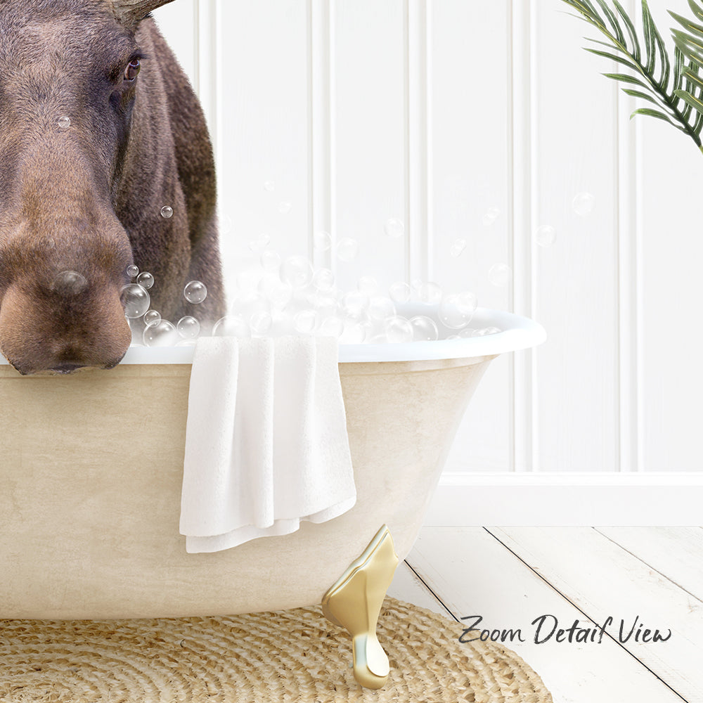 A close-up of a brown animal, possibly a dog, standing in a bathtub filled with bubbles, with a towel and a plant visible in the background.