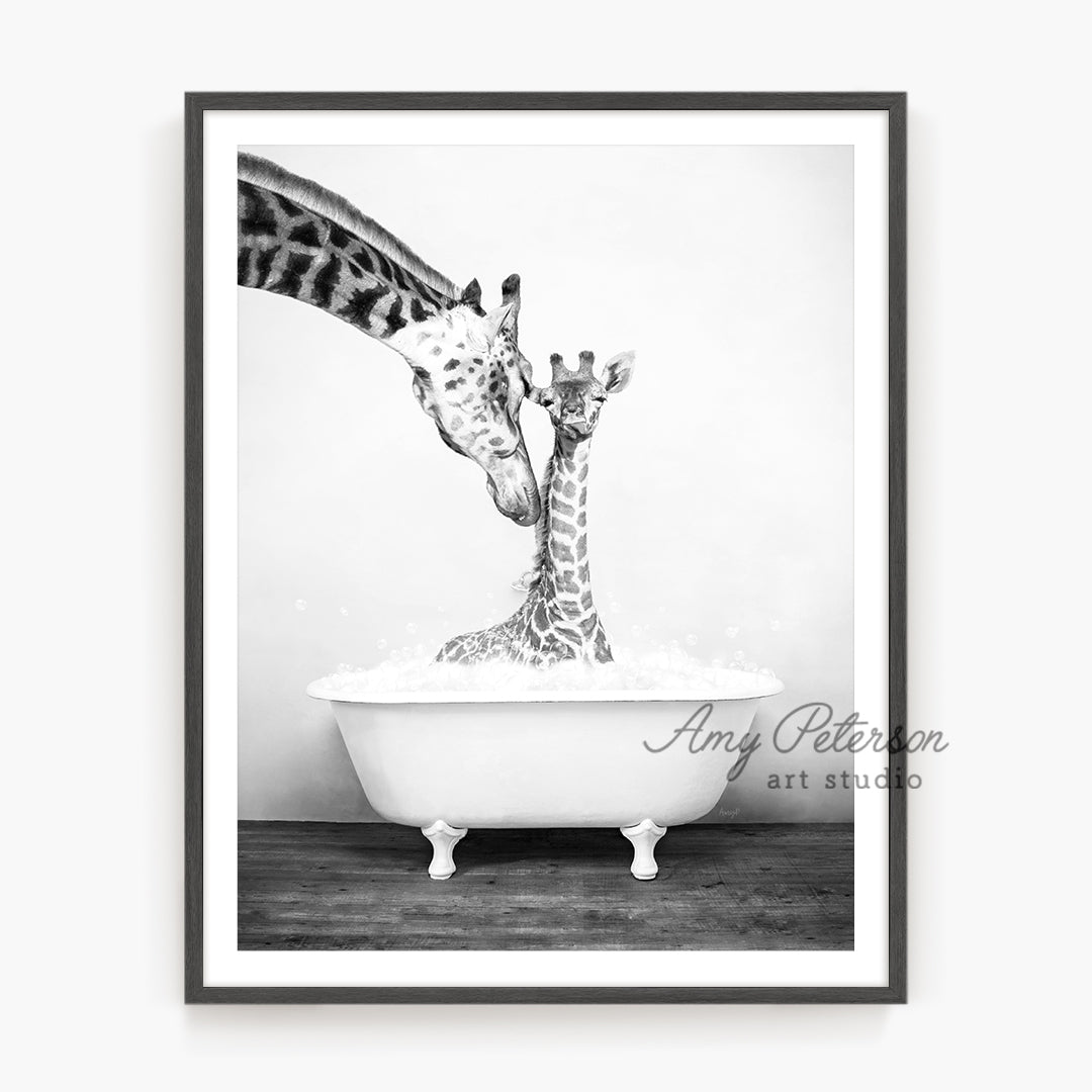 a black and white photo of two giraffes in a bathtub