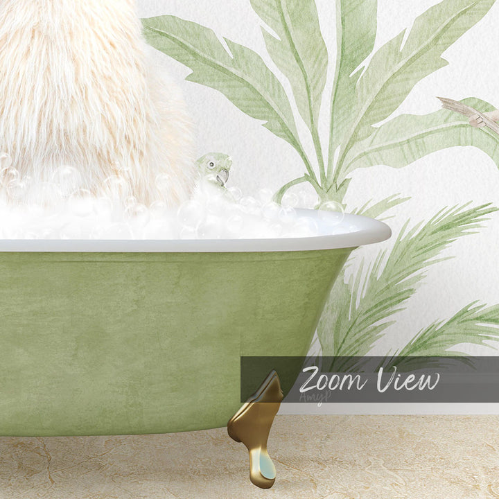 A fluffy white cat is sitting in a green bathtub filled with bubbles, with a palm tree wallpaper in the background.