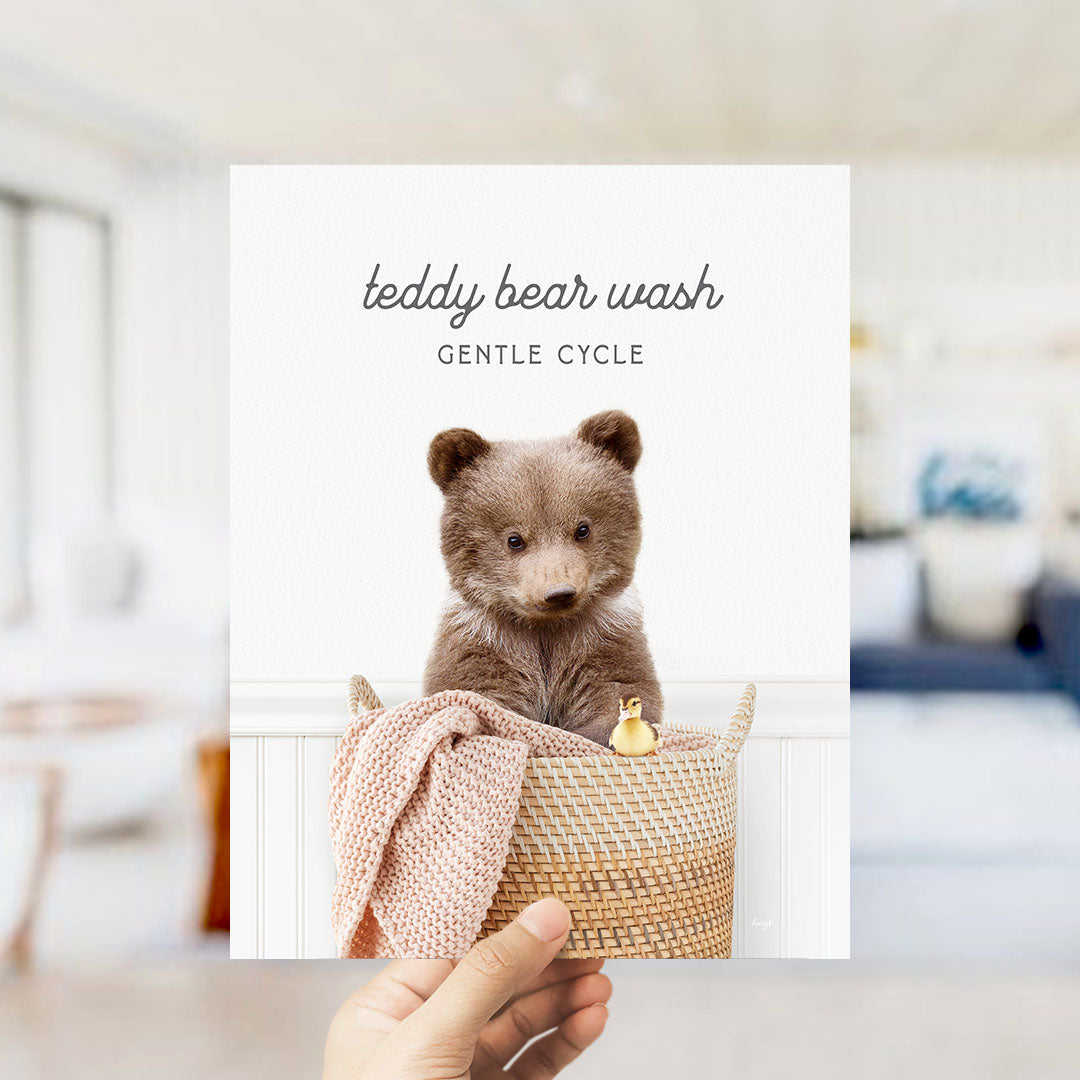 A teddy bear sitting in a basket with a duck, accompanied by the text "teddy bear wash" and "GENTLE CYCLE".