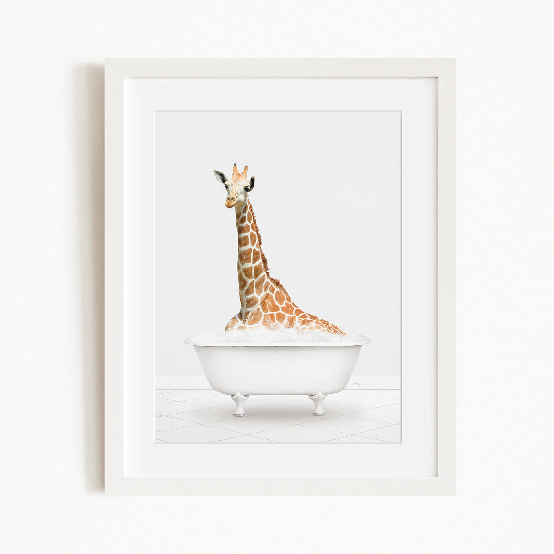 A giraffe sitting in a white bathtub, with its head and neck raised above the water.