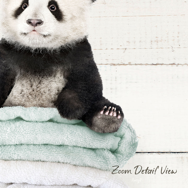 A panda bear sitting on a stack of light blue towels against a white wooden background.