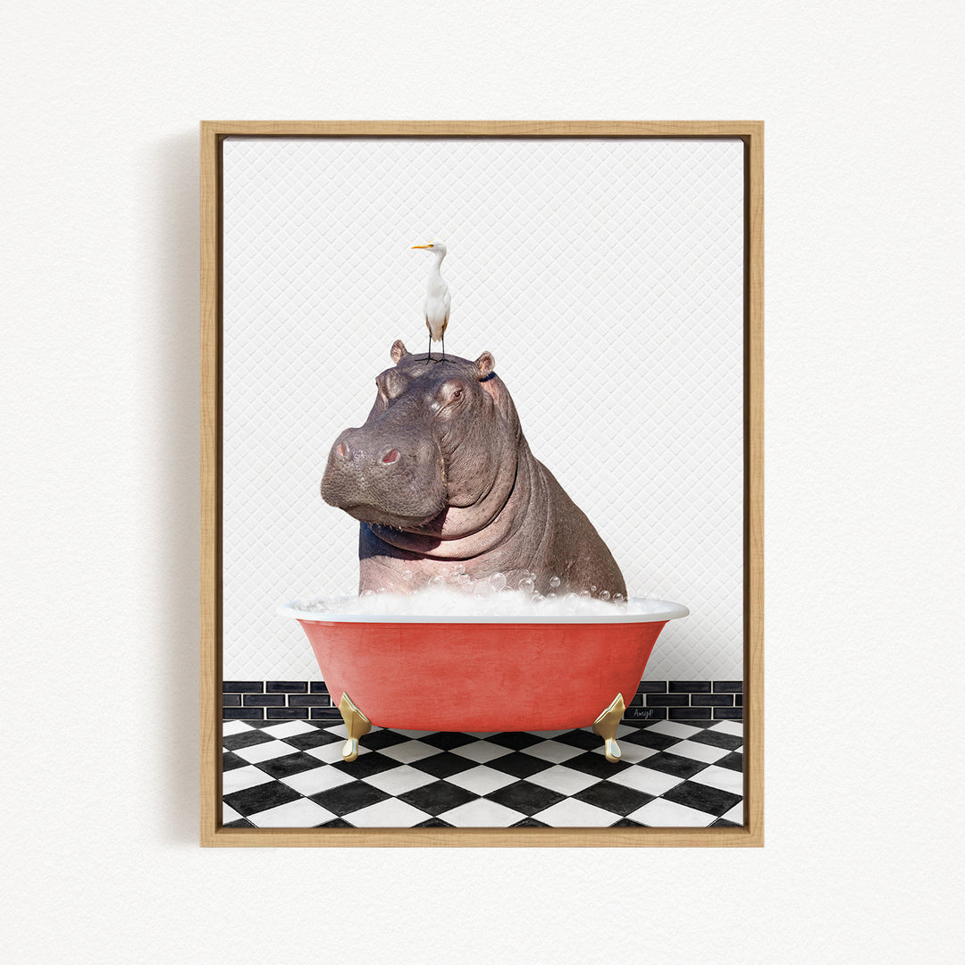 A hippopotamus sitting in a red bathtub, with a seagull perched on its head.