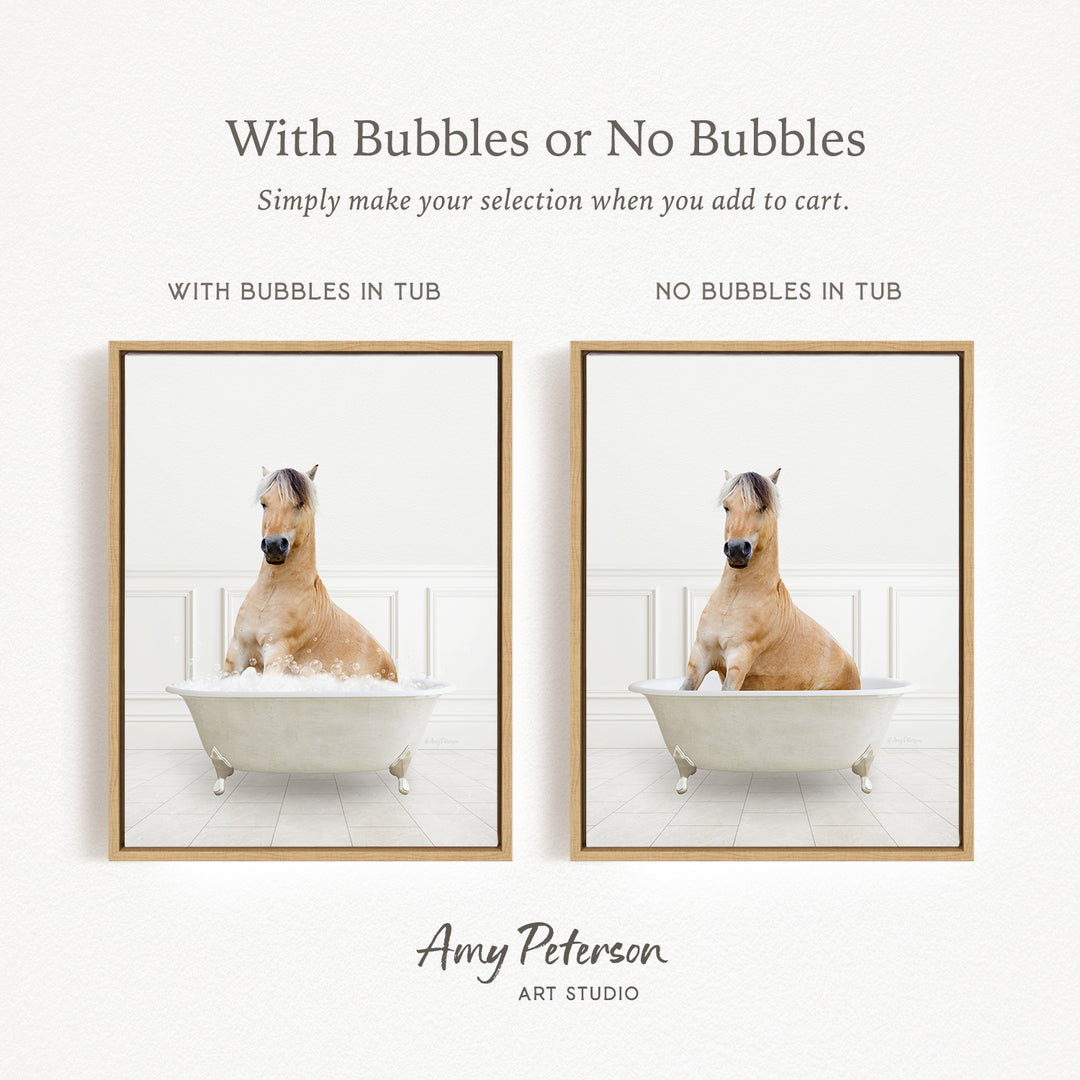 The image is a collage of two pictures, each featuring a horse in a bathtub. The first picture shows a horse sitting in a tub with bubbles, while the second picture shows a horse sitting in a tub without bubbles. The text above the images reads "With Bubbles or No Bubbles Simply make your selection when you add to cart."