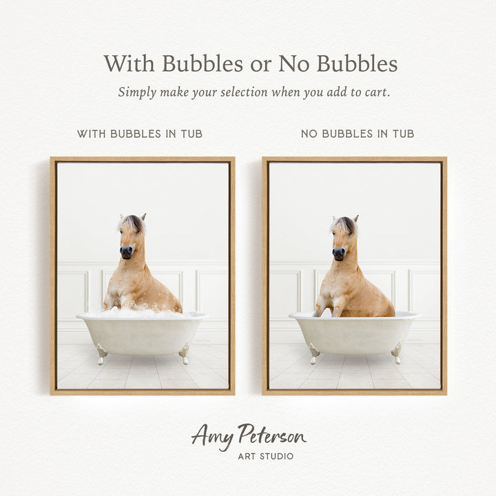 The image is a collage of two pictures, each featuring a horse in a bathtub. The first picture shows a horse sitting in a tub with bubbles, while the second picture shows a horse sitting in a tub without bubbles. The text above the images reads "With Bubbles or No Bubbles Simply make your selection when you add to cart."